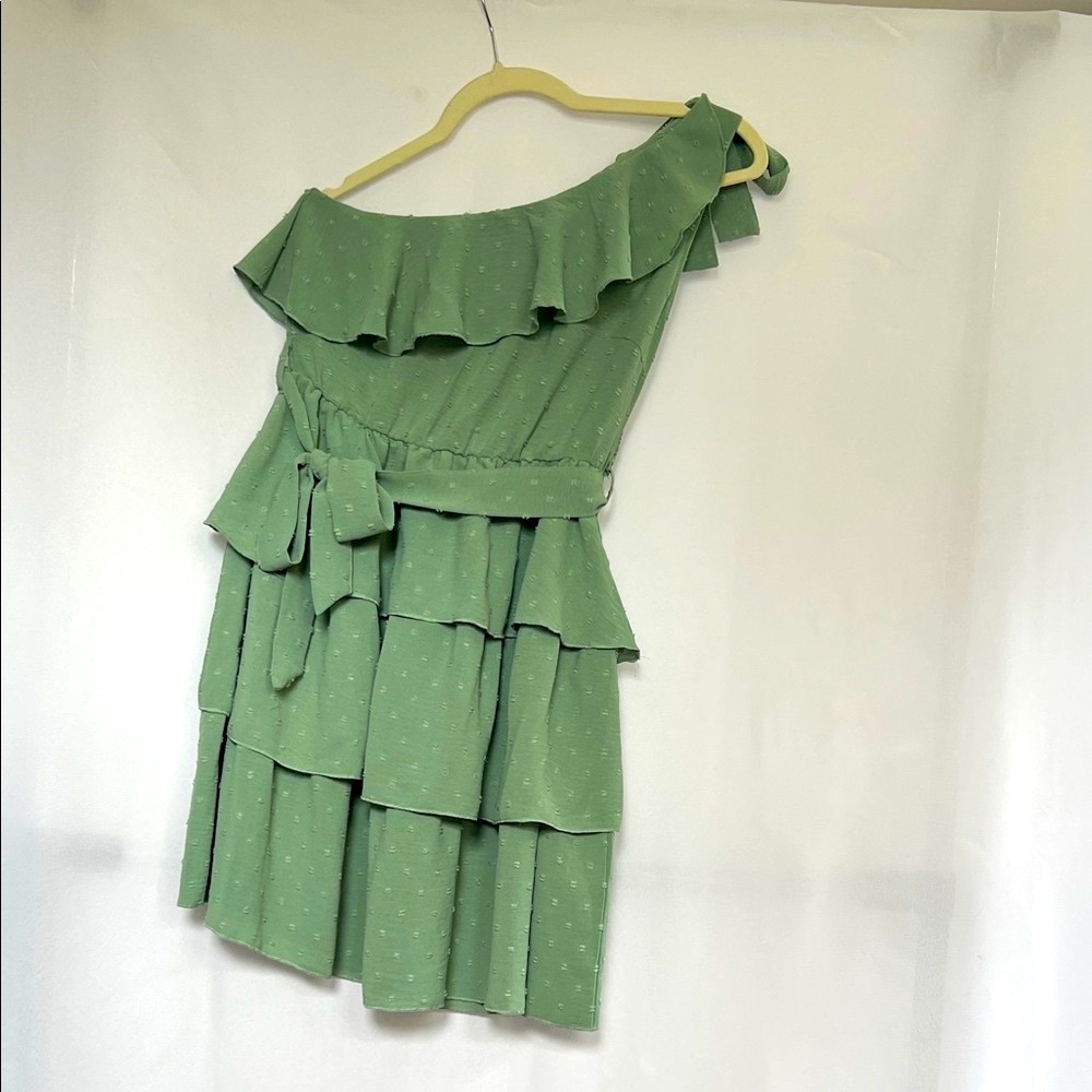 Chic One-Shoulder Ruffle Dress in Sage